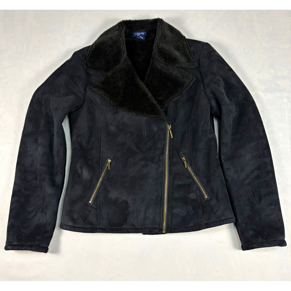 Chaps Womens Faux Suede Shearling Moto Jacket Size M Black Asymmetrical Zip